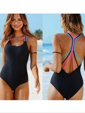 Tapiyang One Piece Strappy back Swimsuit Black Size XXL